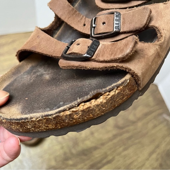 Birkenstock Brown Leather Three Strap Cork Sole Slide Sandals Size 9 - Picture 12 of 12